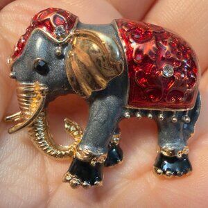 Elephant Brooch Gray & Red Enamel Animal Pin – 1.25”